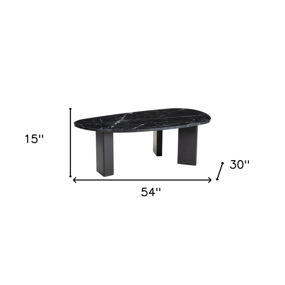 54" Black Genuine Marble and Wood Free Form Coffee Table