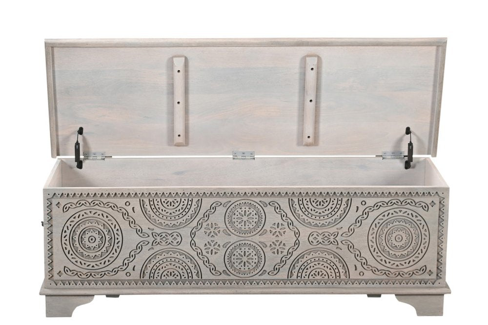 54" Gray Carved Geo Scroll Solid Wood Storage Ottoman