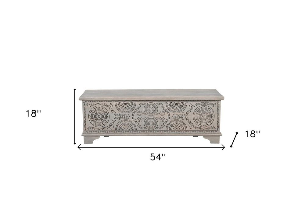 54" Gray Carved Geo Scroll Solid Wood Storage Ottoman