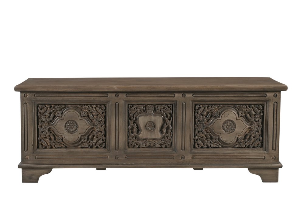 54" Brown Carved Floral Solid Wood Storage Ottoman