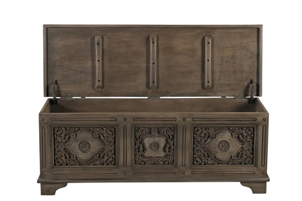 54" Brown Carved Floral Solid Wood Storage Ottoman