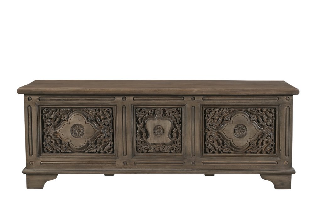 54" Brown Carved Floral Solid Wood Storage Ottoman