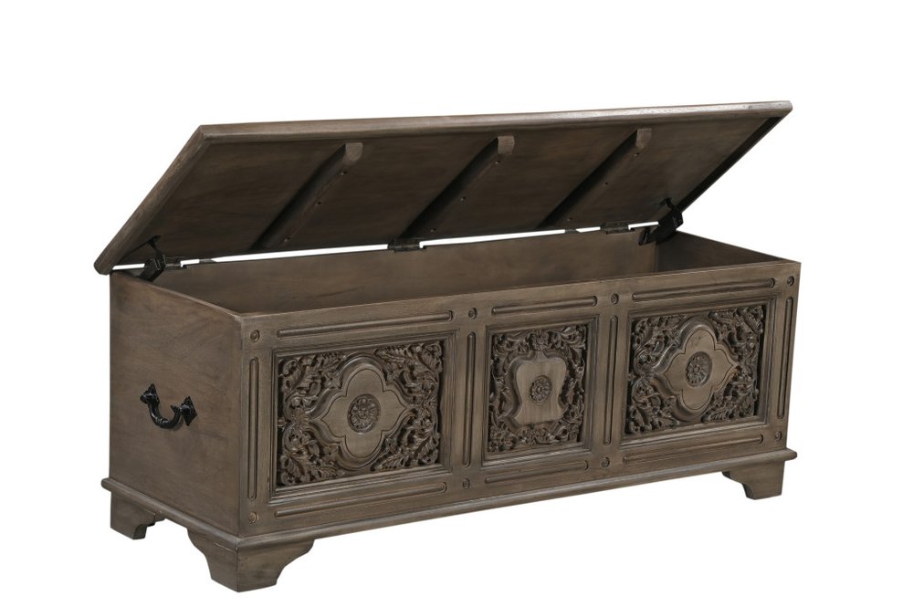 54" Brown Carved Floral Solid Wood Storage Ottoman