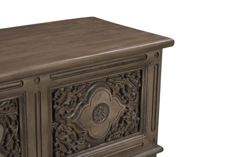 54" Brown Carved Floral Solid Wood Storage Ottoman