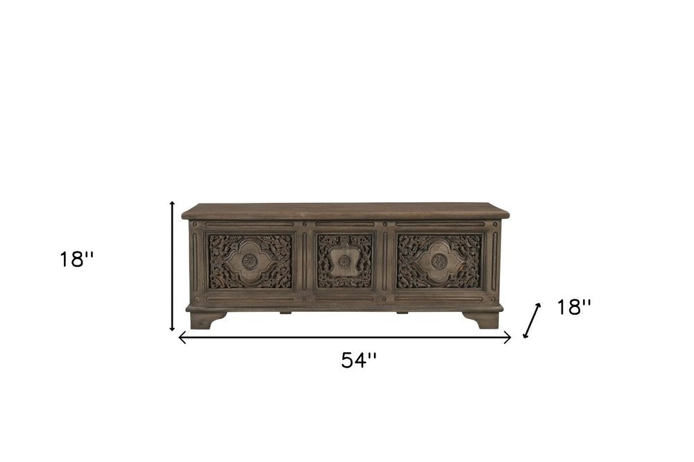 54" Brown Carved Floral Solid Wood Storage Ottoman