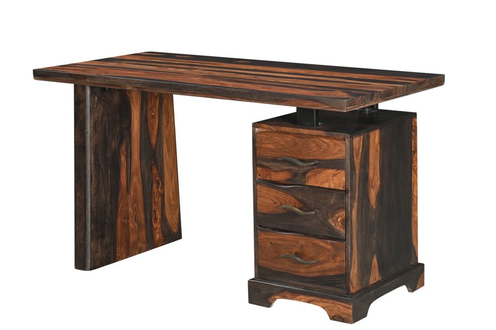 Escritorio de madera maciza de 54" con borde natural marrón y tres cajones