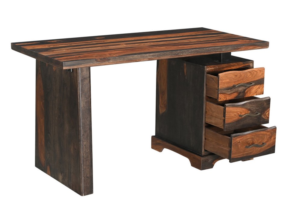 Escritorio de madera maciza de 54" con borde natural marrón y tres cajones