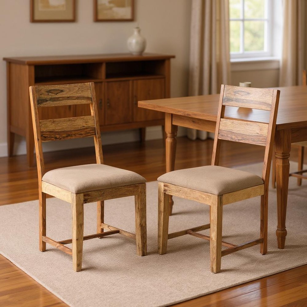 Set of Two Brown Fabric And Wood Ladder Back Dining Side Chairs