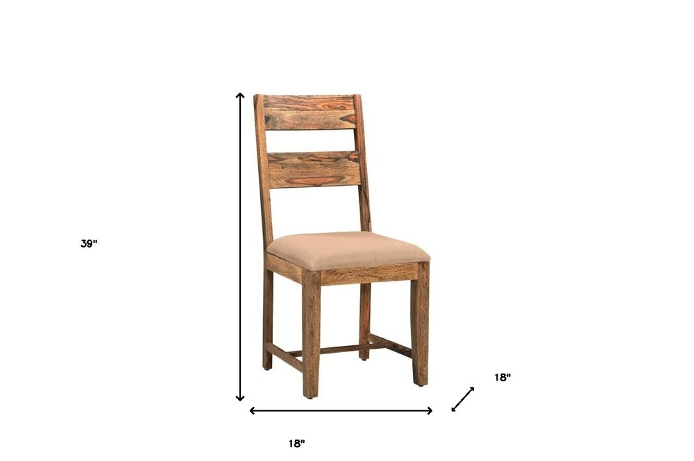 Set of Two Brown Fabric And Wood Ladder Back Dining Side Chairs