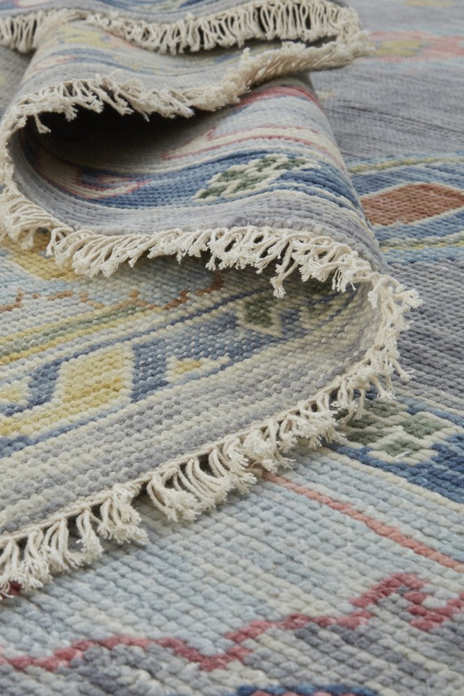 9' X 13' Gray Blue and Red Wool Oriental Hand Knotted Area Rug With Fringe