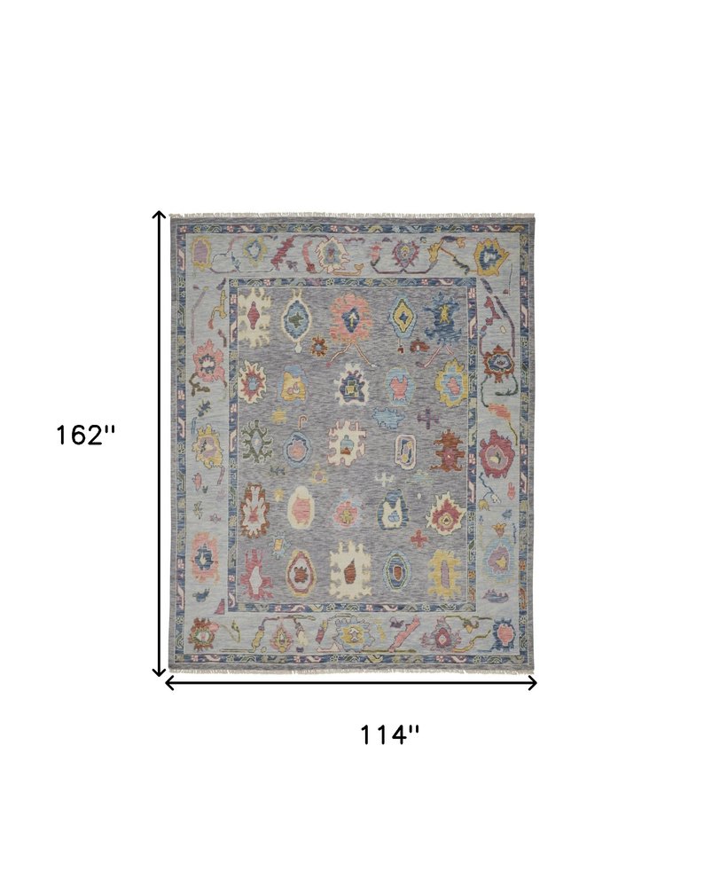 9' X 13' Gray Blue and Red Wool Oriental Hand Knotted Area Rug With Fringe