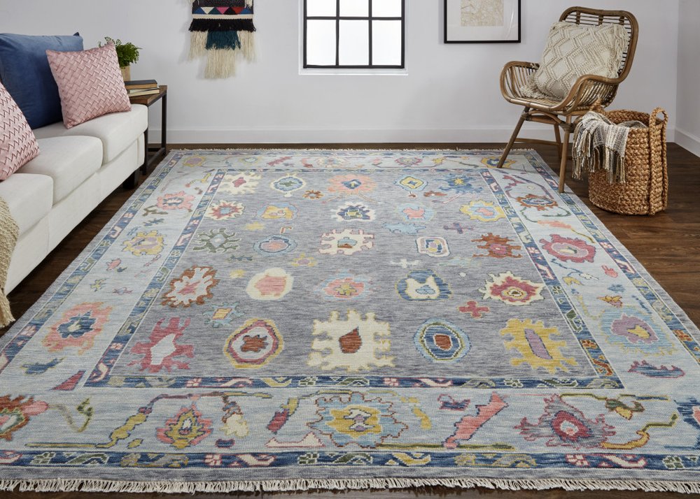 9' X 13' Gray Blue and Red Wool Oriental Hand Knotted Area Rug With Fringe