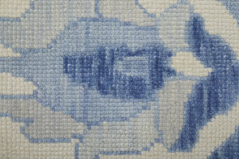 9' X 13' Ivory and Blue Wool Floral Hand Knotted Area Rug With Fringe