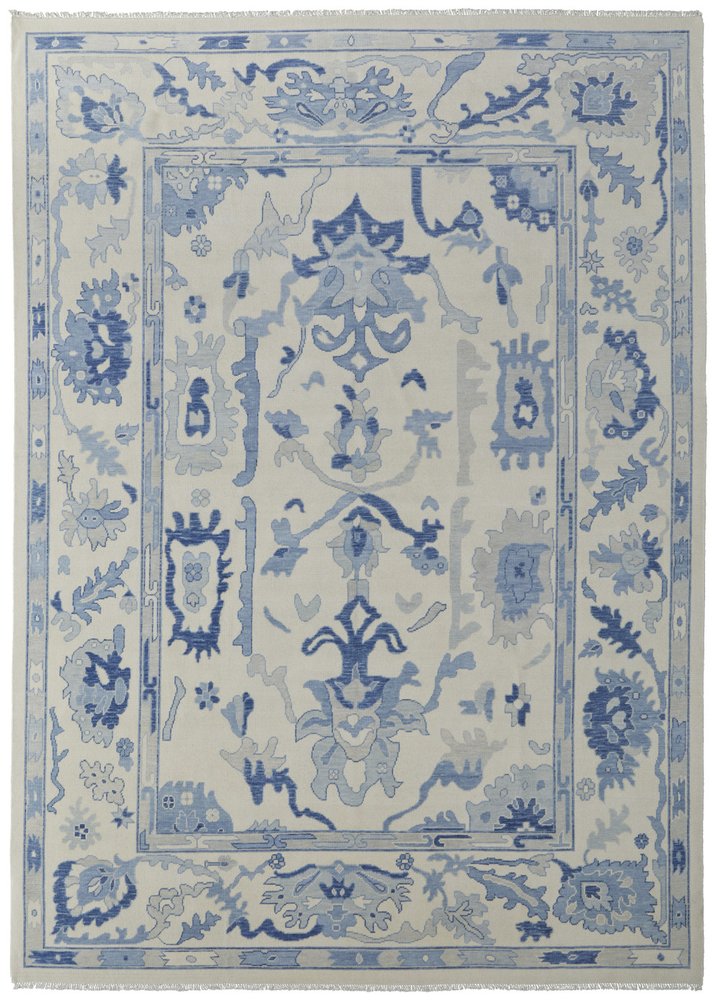 9' X 13' Ivory and Blue Wool Floral Hand Knotted Area Rug With Fringe