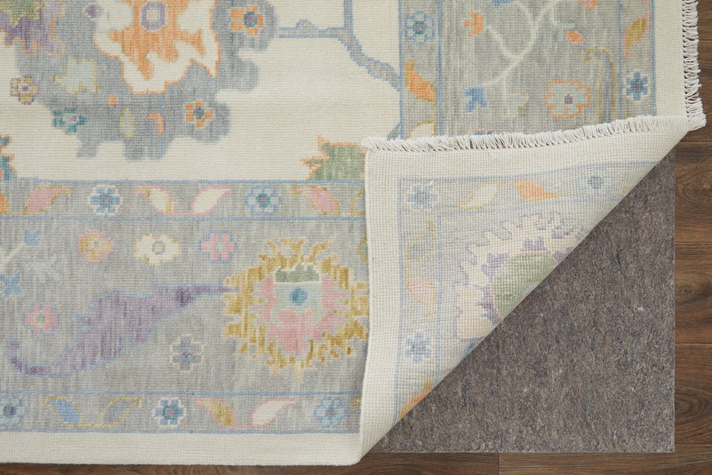 9' X 13' Gray Ivory and Orange Wool Floral Hand Knotted Area Rug With Fringe