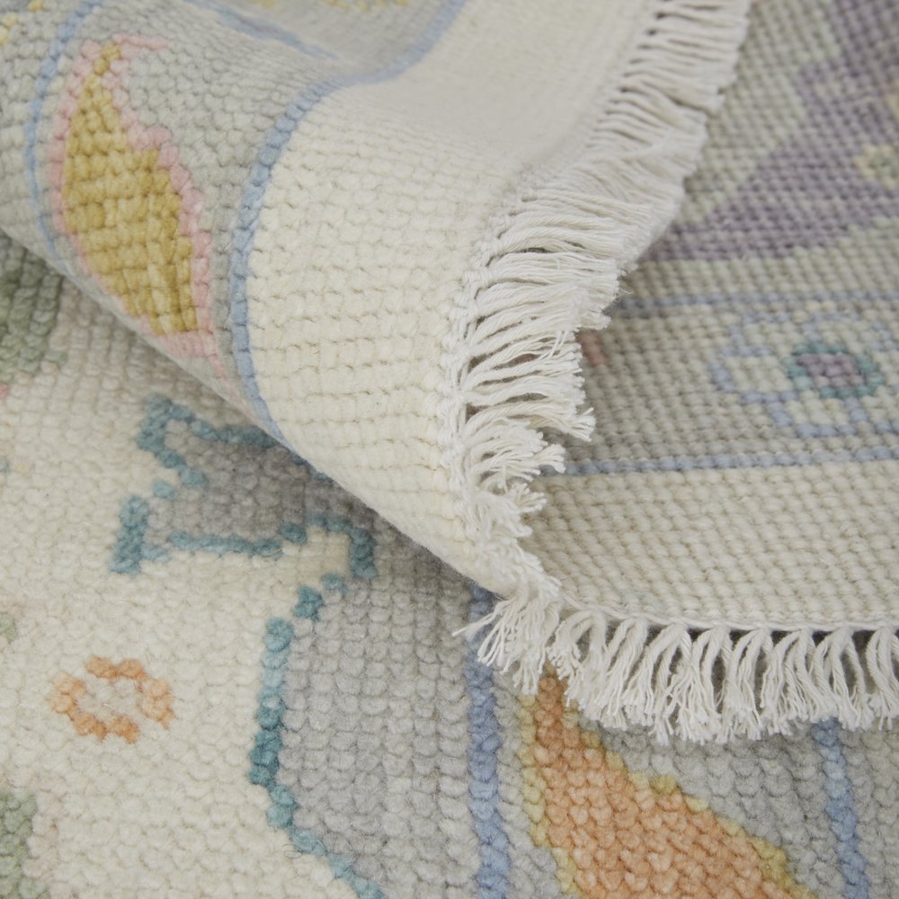 9' X 13' Gray Ivory and Orange Wool Floral Hand Knotted Area Rug With Fringe