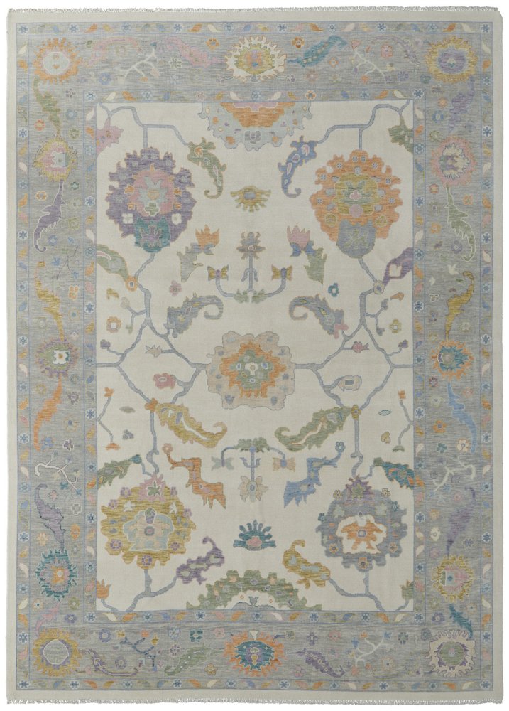 9' X 13' Gray Ivory and Orange Wool Floral Hand Knotted Area Rug With Fringe
