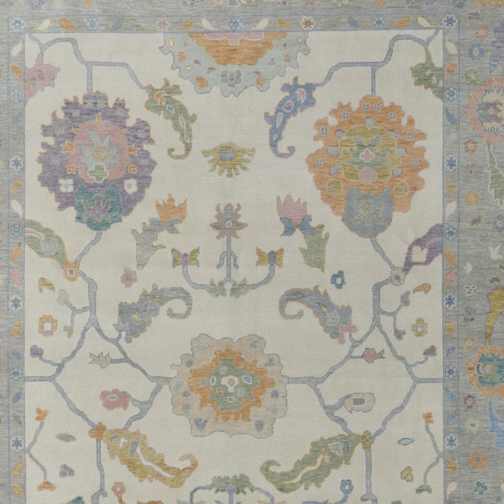 9' X 13' Gray Ivory and Orange Wool Floral Hand Knotted Area Rug With Fringe