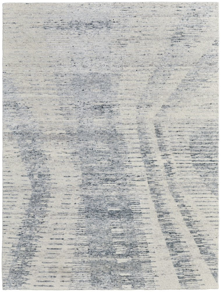 9' X 13' Ivory Gray and Blue Abstract Hand Knotted Worn Faded Area Rug
