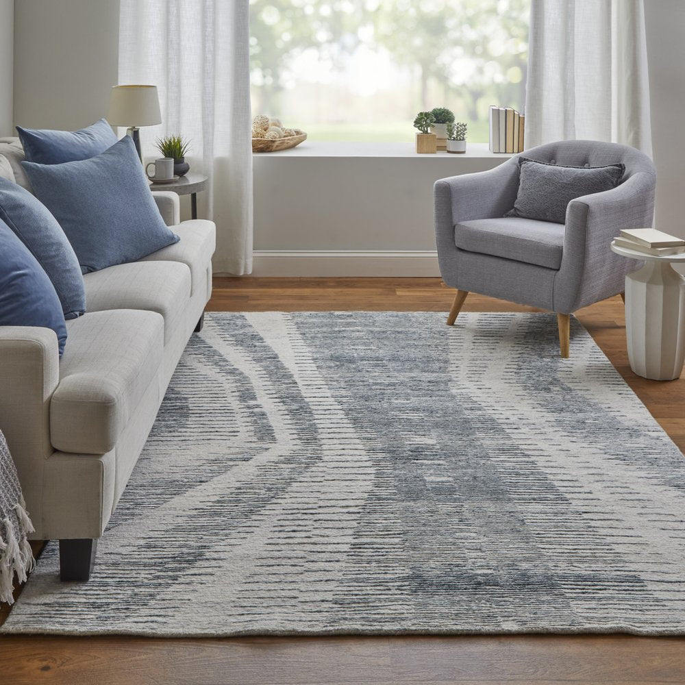 9' X 13' Ivory Gray and Blue Abstract Hand Knotted Worn Faded Area Rug