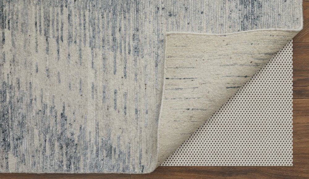 9' X 13' Ivory Gray and Blue Abstract Hand Knotted Worn Faded Area Rug
