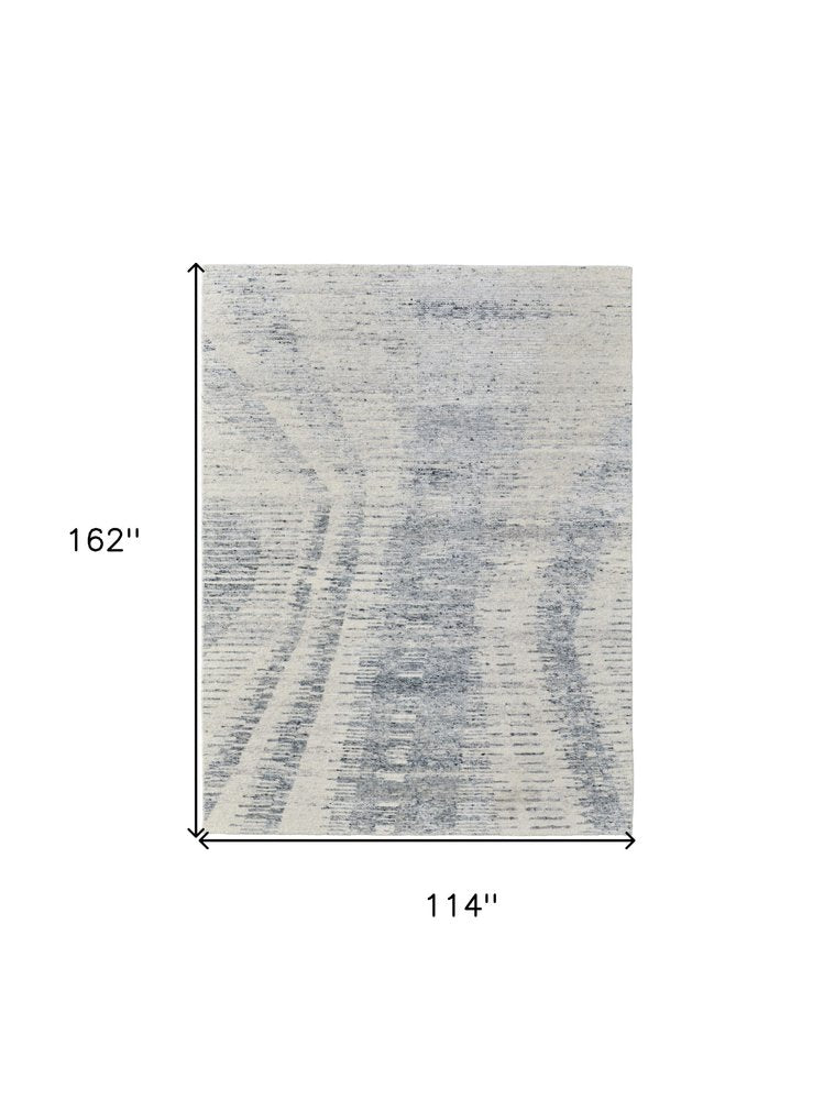 9' X 13' Ivory Gray and Blue Abstract Hand Knotted Worn Faded Area Rug