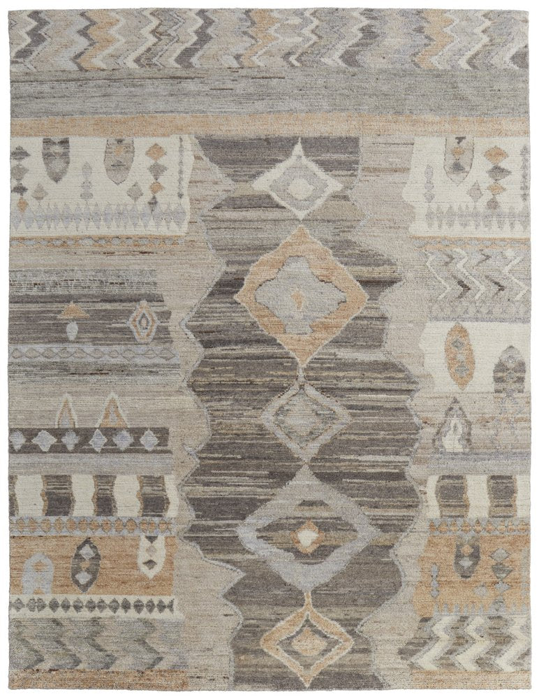 9' X 13' Ivory Gray and Orange Wool Moroccan Hand Knotted Area Rug