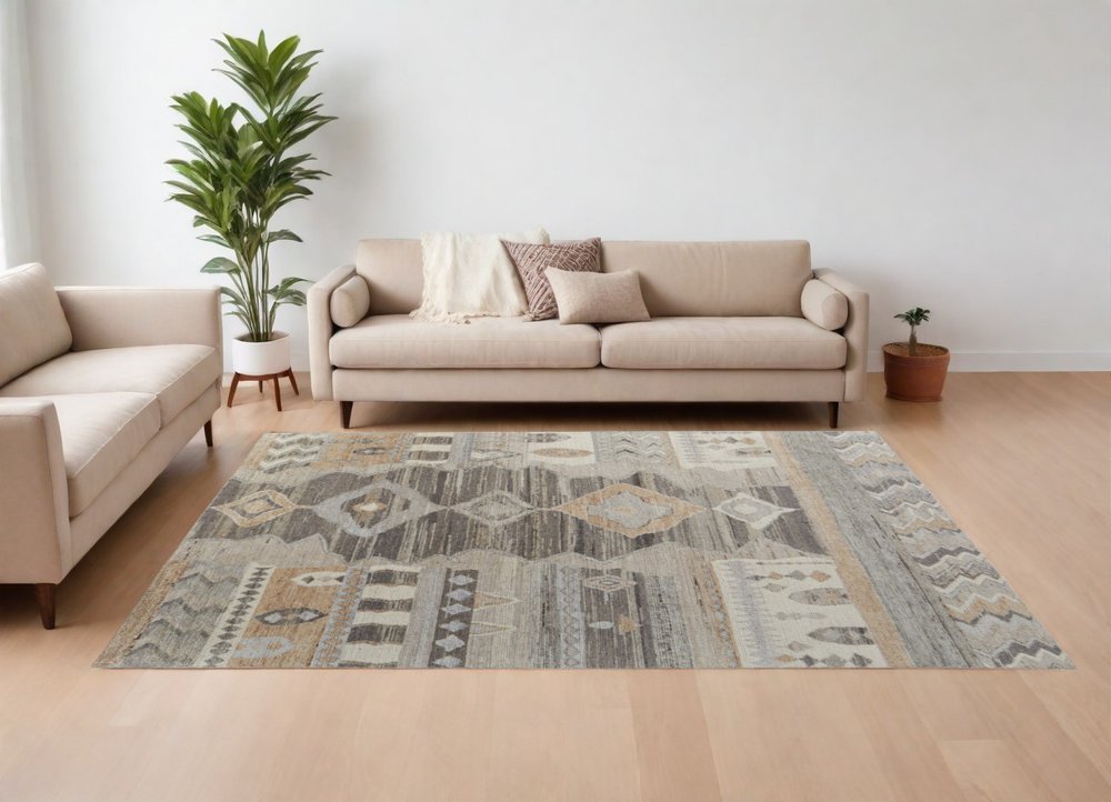 9' X 13' Ivory Gray and Orange Wool Moroccan Hand Knotted Area Rug