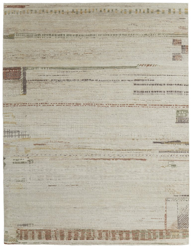 9' X 13' Gray Tan and Green Wool Abstract Hand Knotted Area Rug