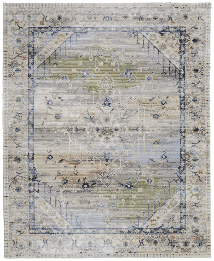 9' X 13' Ivory Green and Blue Abstract Power Loom Worn Faded Area Rug