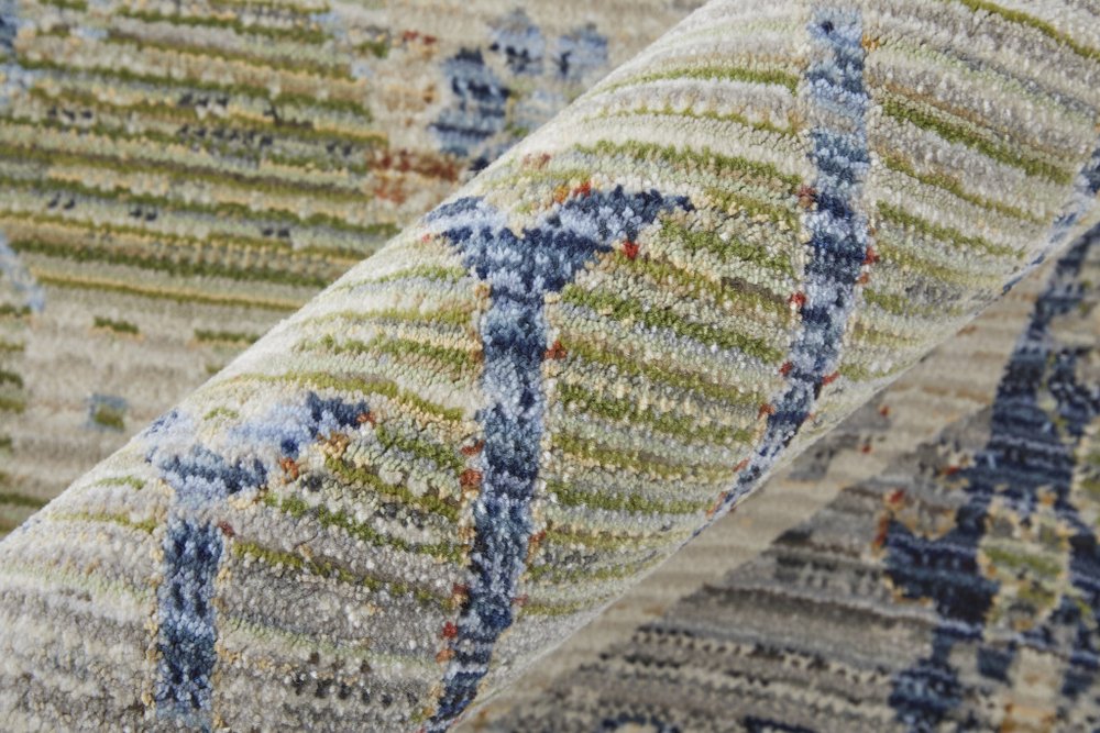 9' X 13' Ivory Green and Blue Abstract Power Loom Worn Faded Area Rug