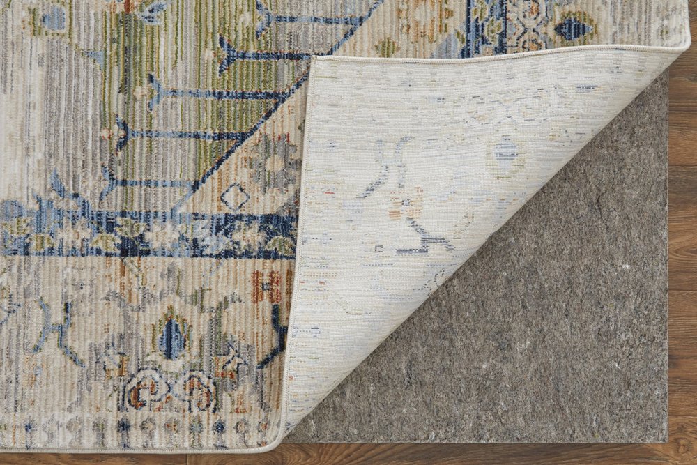 9' X 13' Ivory Green and Blue Abstract Power Loom Worn Faded Area Rug