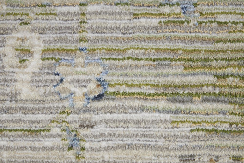 9' X 13' Ivory Green and Blue Abstract Power Loom Worn Faded Area Rug