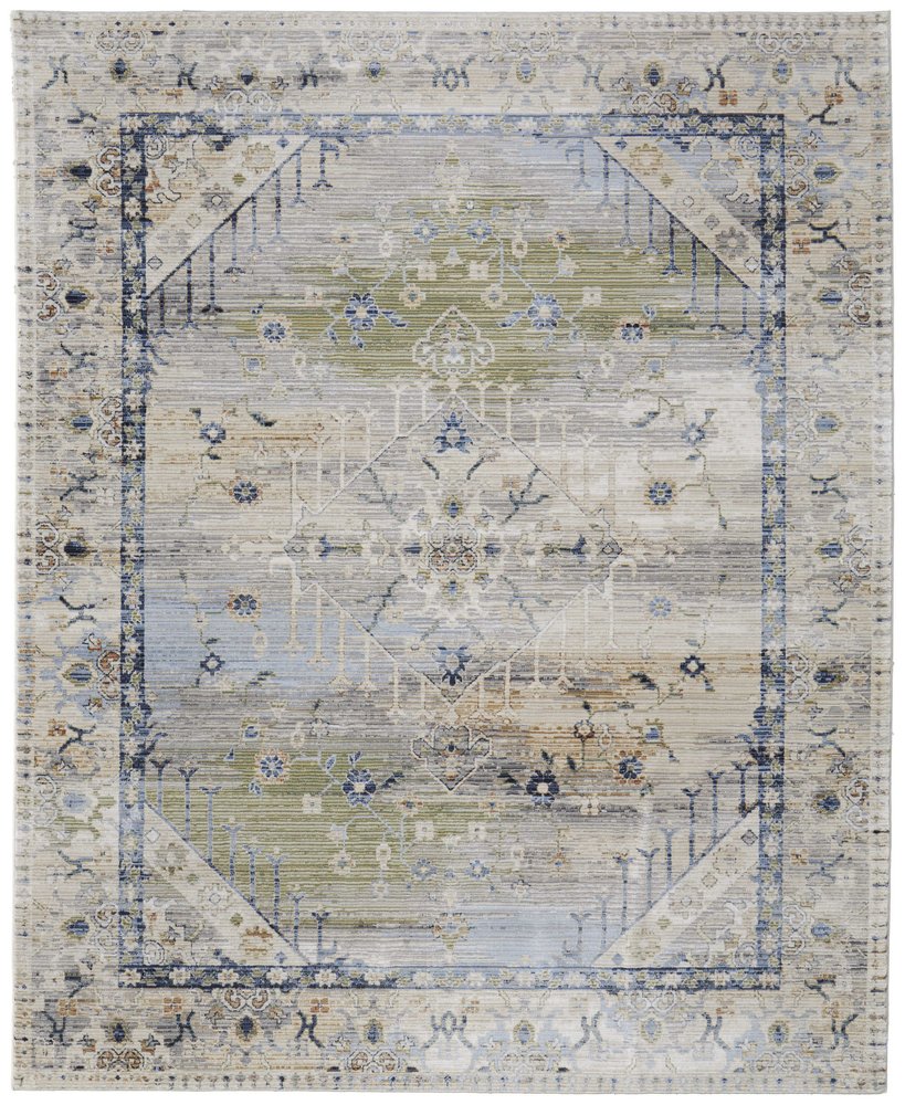 9' X 13' Ivory Green and Blue Abstract Power Loom Worn Faded Area Rug