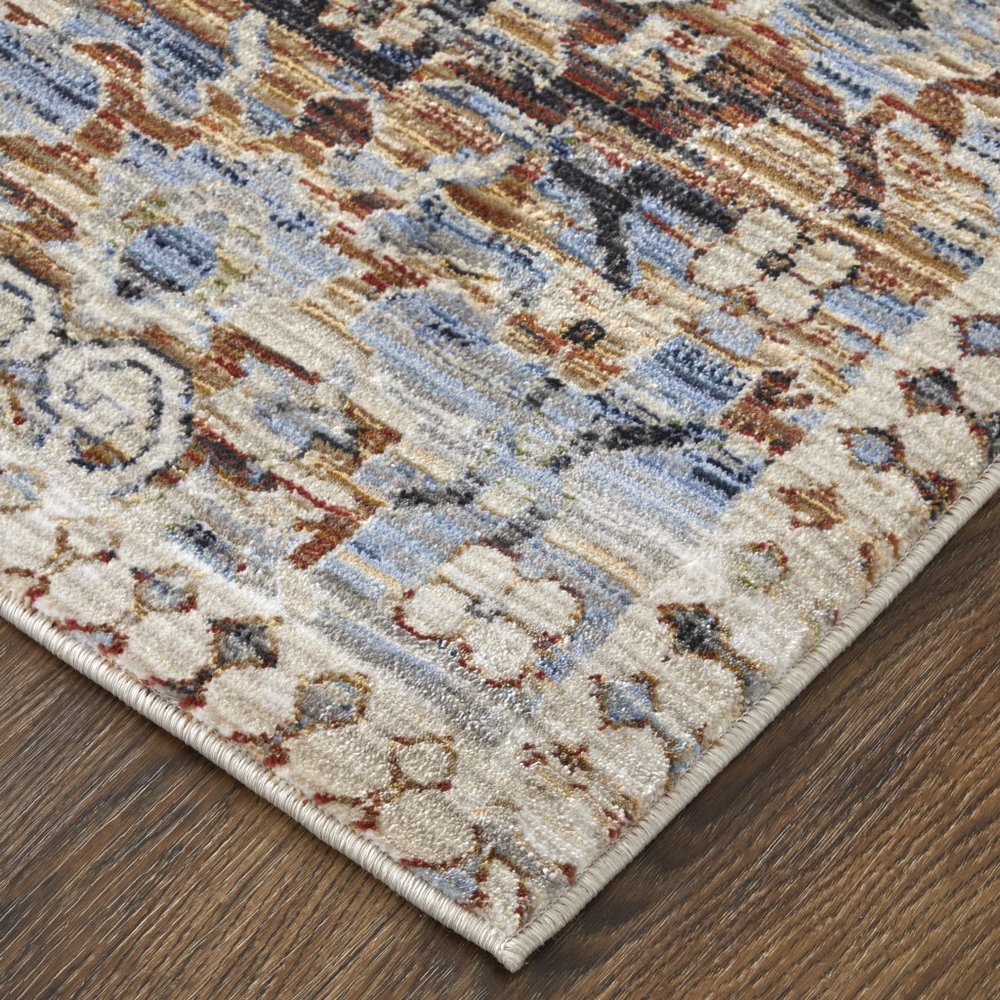 9' X 13' Ivory Red and Blue Abstract Power Loom Worn Faded Area Rug