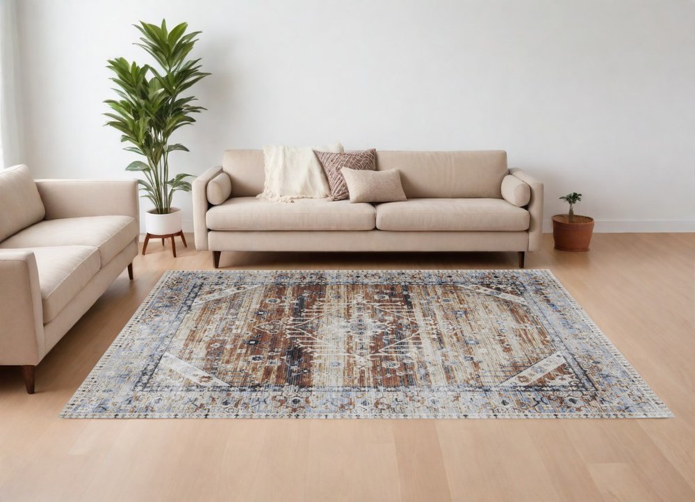 9' X 13' Ivory Red and Blue Abstract Power Loom Worn Faded Area Rug