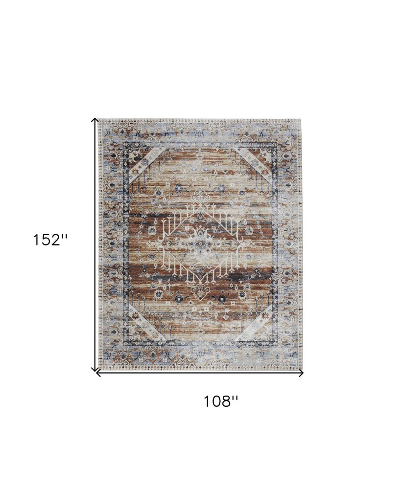 9' X 13' Ivory Red and Blue Abstract Power Loom Worn Faded Area Rug