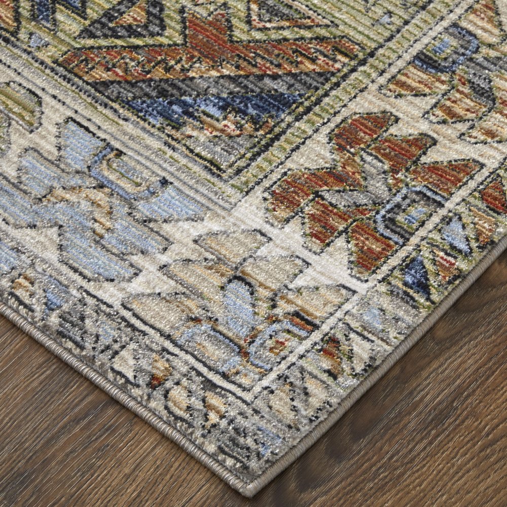 9' X 13' Gray Blue and Red Abstract Power Loom Worn Faded Area Rug