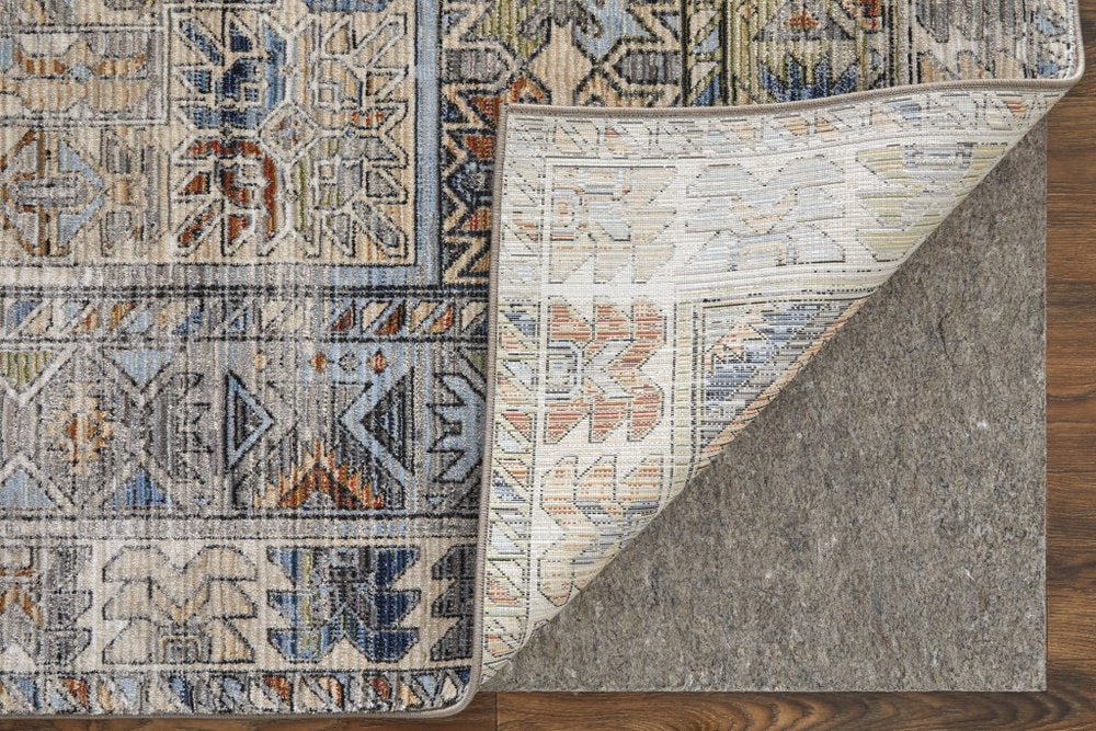 9' X 13' Gray Blue and Red Abstract Power Loom Worn Faded Area Rug