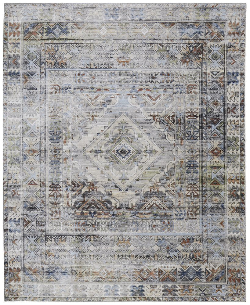 9' X 13' Gray Blue and Red Abstract Power Loom Worn Faded Area Rug