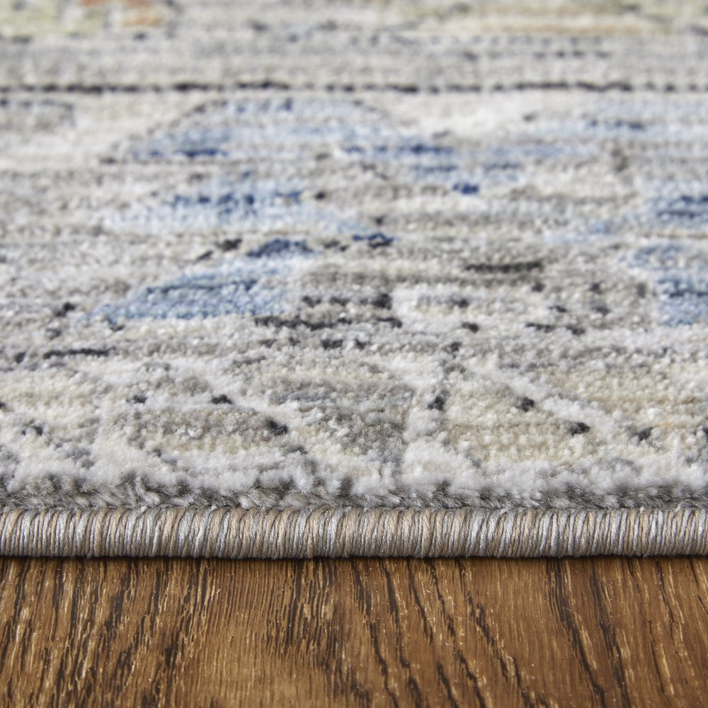 9' X 13' Gray Blue and Red Abstract Power Loom Worn Faded Area Rug