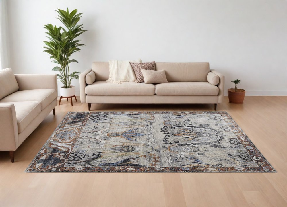9' X 13' Gray Black and Red Ikat Power Loom Area Rug