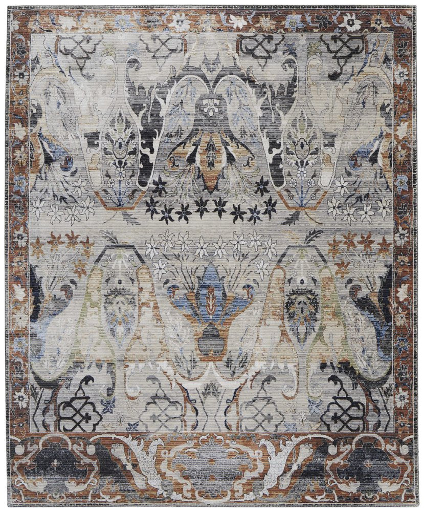 9' X 13' Gray Black and Red Ikat Power Loom Area Rug