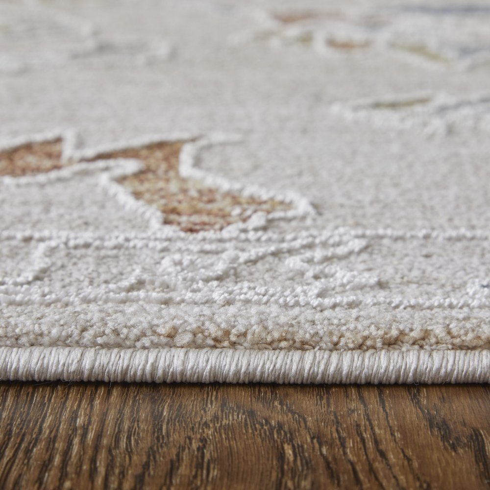 9' X 13' Ivory Blue and Gold Floral Power Loom Worn Faded Area Rug With Fringe