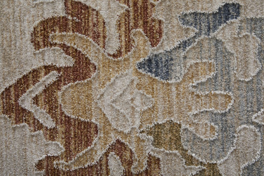 9' X 13' Ivory Blue and Gold Floral Power Loom Worn Faded Area Rug With Fringe