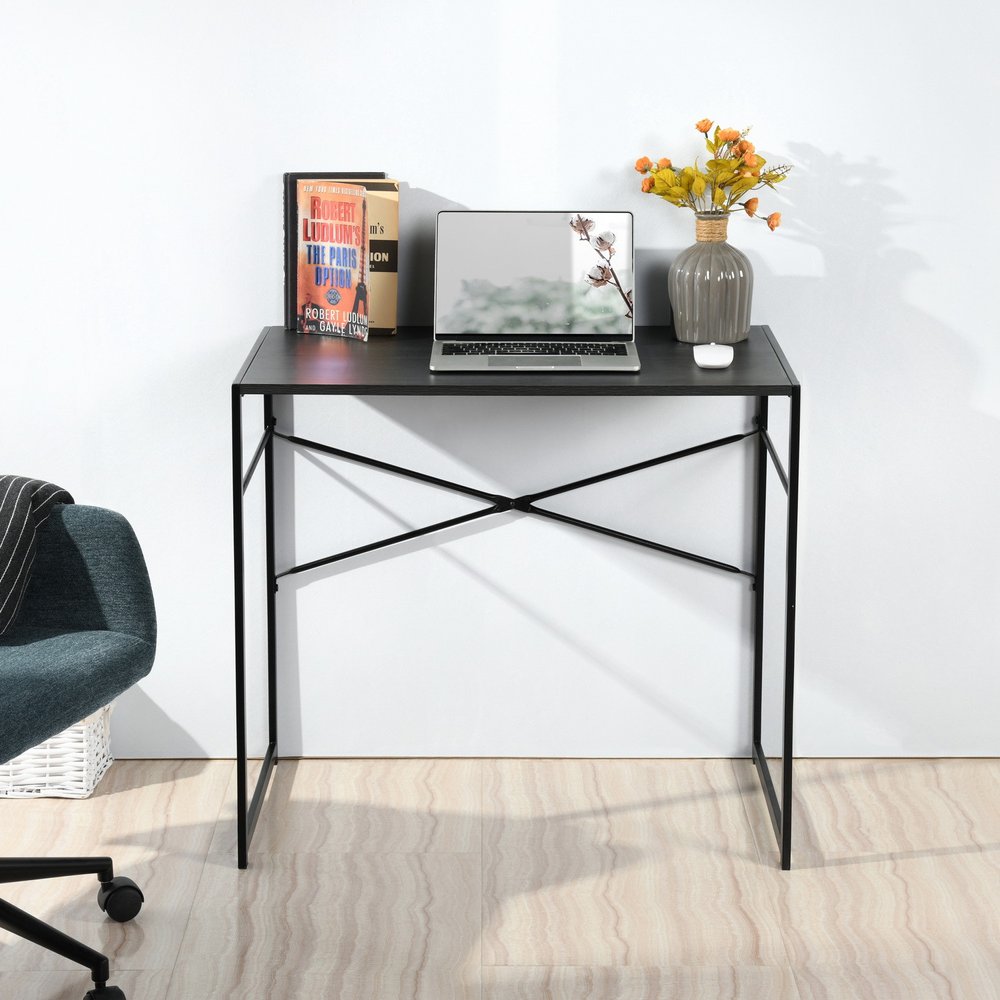 39" Brown and Black Wood and Metal H-Shape Computer Desk