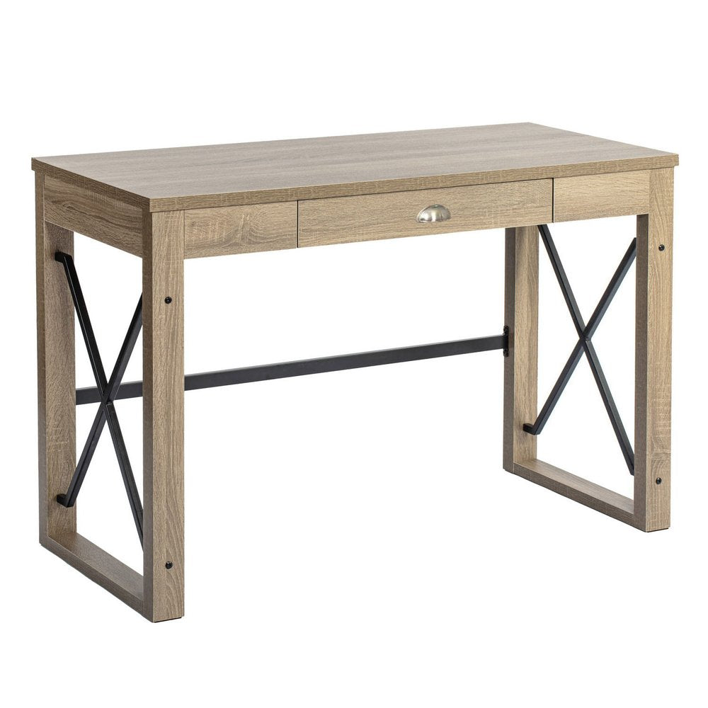 44" Oak and Black Wood and Metal Sled Computer Desk