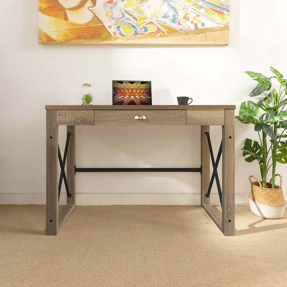 44" Oak and Black Wood and Metal Sled Computer Desk