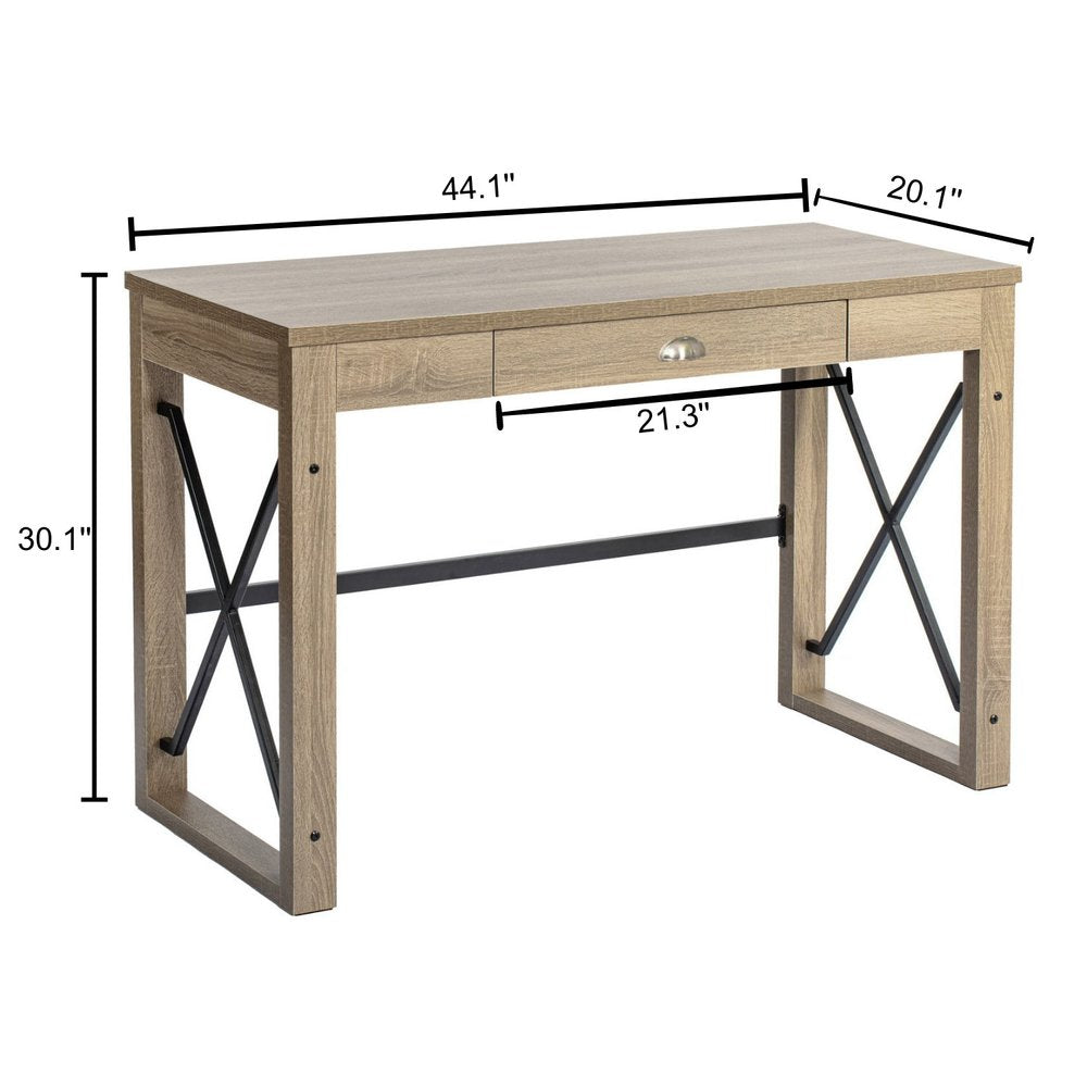 44" Oak and Black Wood and Metal Sled Computer Desk