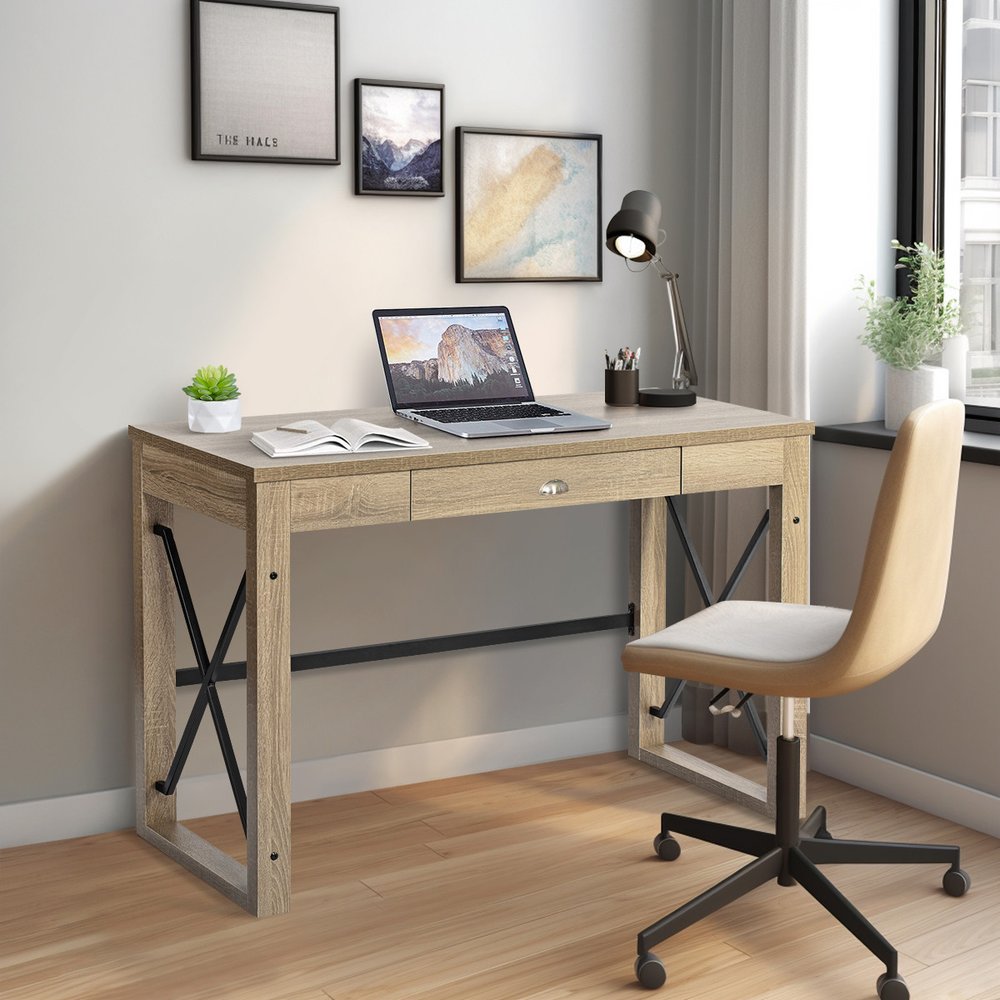 44" Oak and Black Wood and Metal Sled Computer Desk